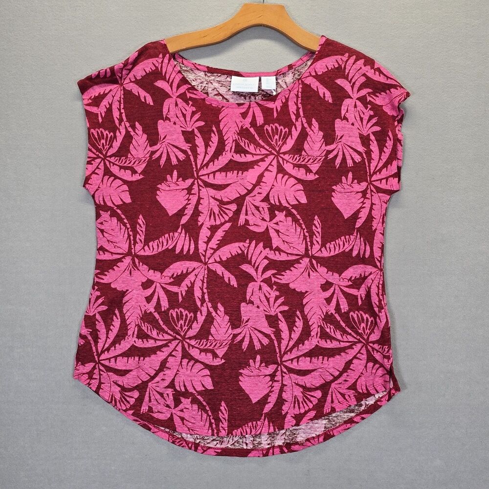 Cynthia Rowley Women's Linen Blouse Burgundy Pink Floral Short Sleeve Size Large